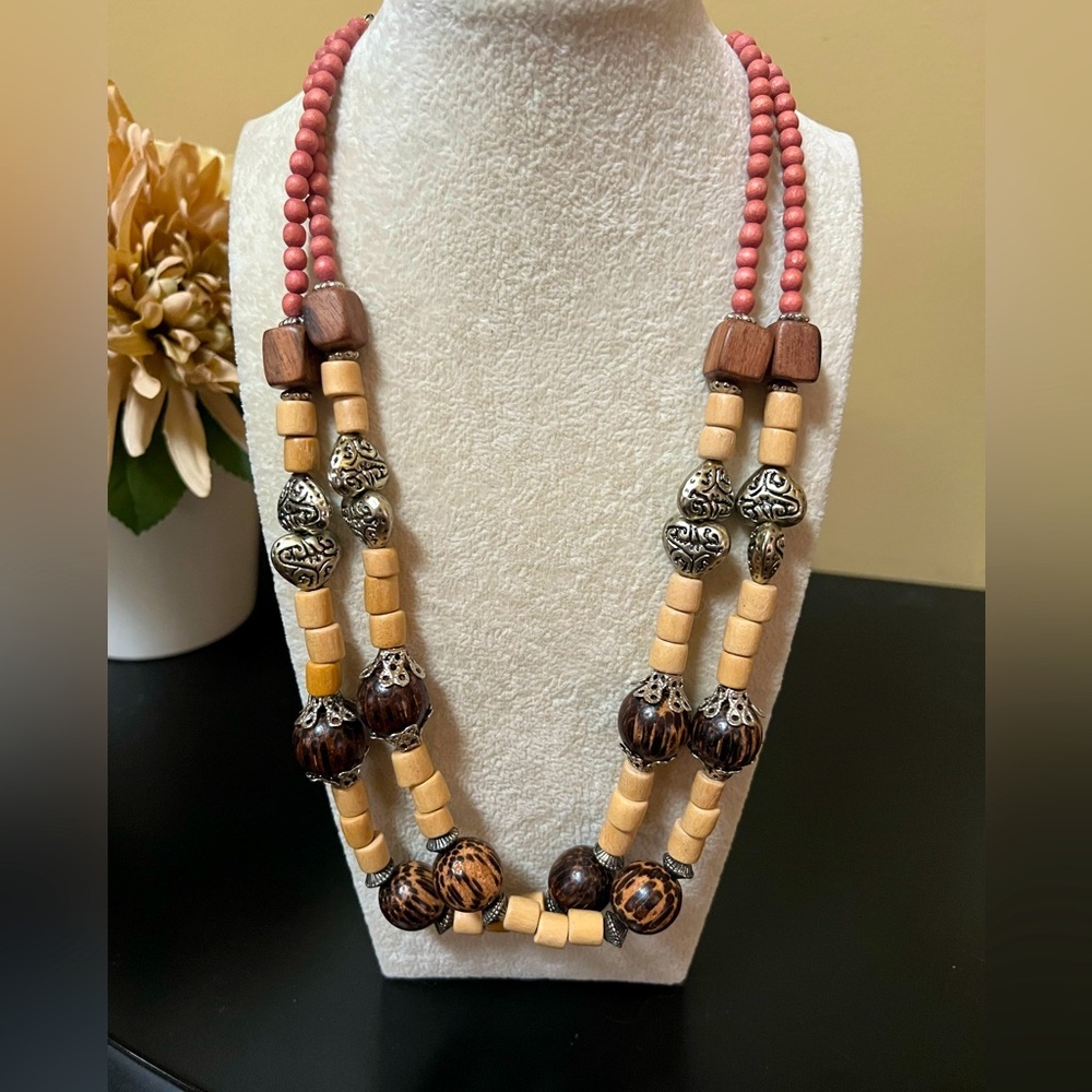 Vintage Silver Brown beaded Necklace Adjustable Closure Bohemian